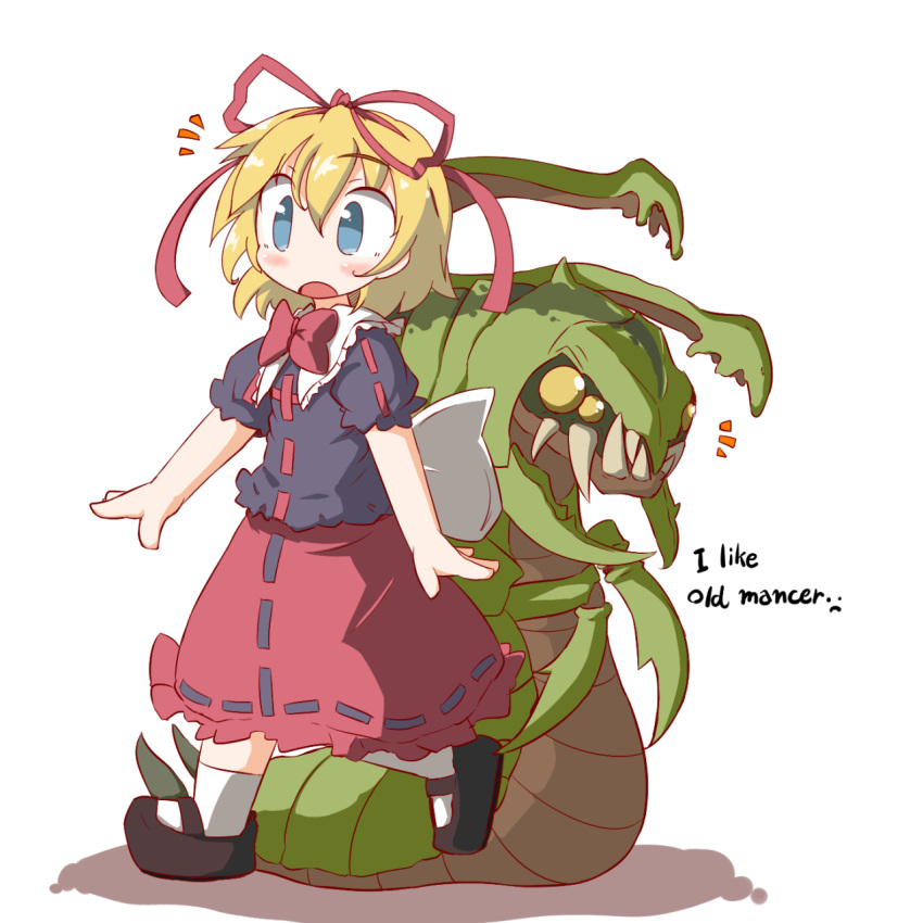 1girl, amura_(artist), blonde_hair, blue_eyes, blush, character_request, copyright_request, english, extra_eyes, highres, insect, long_skirt, medicine_melancholy, monster, no_nose, sharp_teeth, short_hair, skirt, teeth, touhou, venomancer(character), yellow_eyes