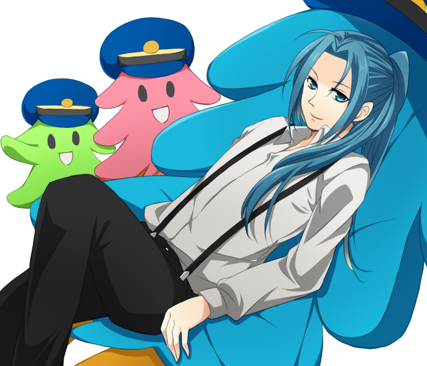 :d, androgynous, aoharu_tetsudou, aoimori_railway, blue_eyes, blue_hair, hat, miki_(moryu), open_mouth, ponytail, sitting, smile, solo, suspenders
