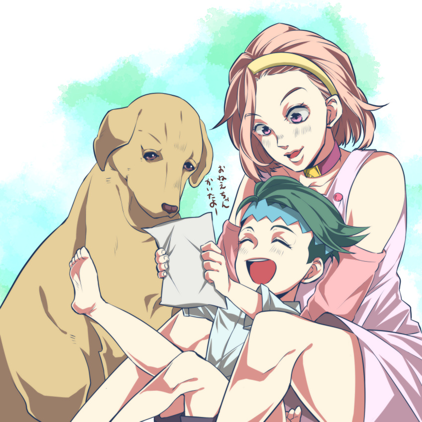 1boy, 1girl, arm_warmers, arnold_(jojo), barefoot, child, choker, closed_eyes