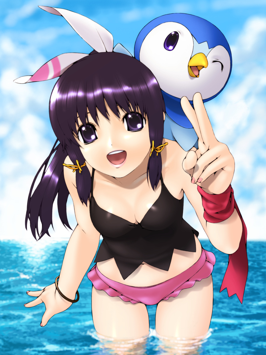 1girl, bad_id, bikini_bottom, bow, bracelet, breasts, camisole, cleavage