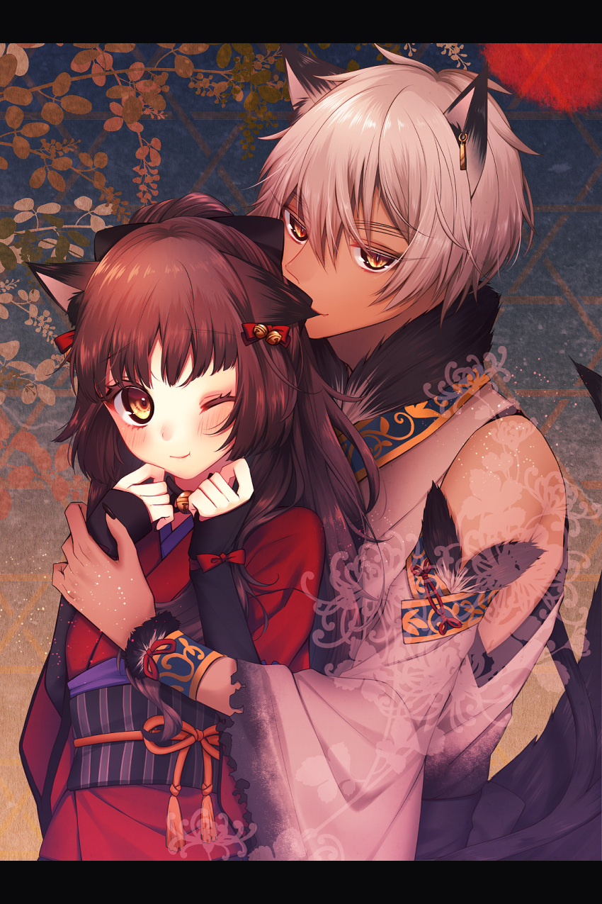 1boy, 1girl, animal_ears, blush, brown_hair, closed_mouth, dark_skin, detached_sleeves