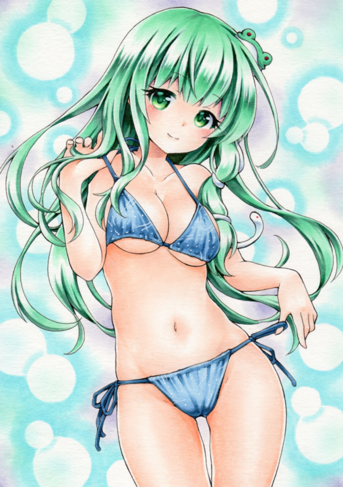 1girl, bikini, blue_bikini, blush, breasts, eyebrows, eyebrows_visible_through_hair, frog_hair_ornament