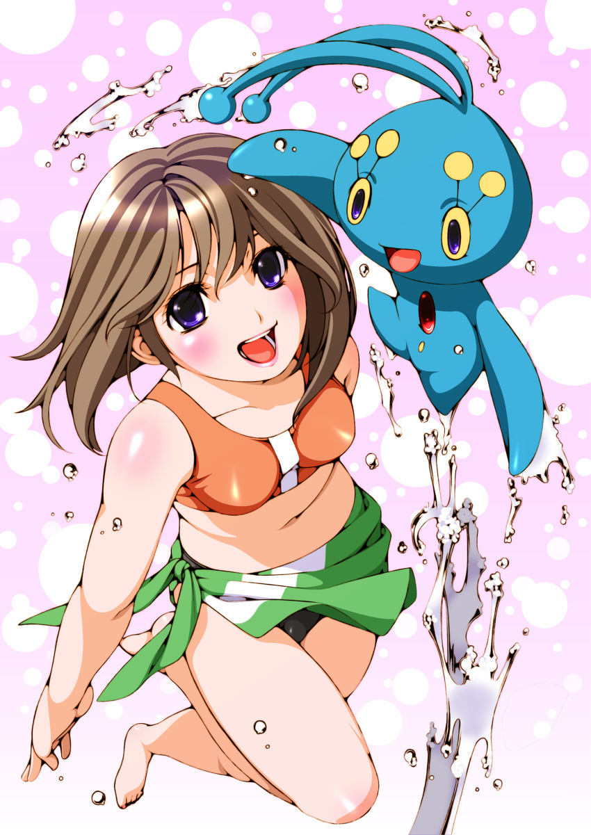 1girl, bad_id, bandana, bandana_removed, bare_shoulders, barefoot, bikini, blue_eyes