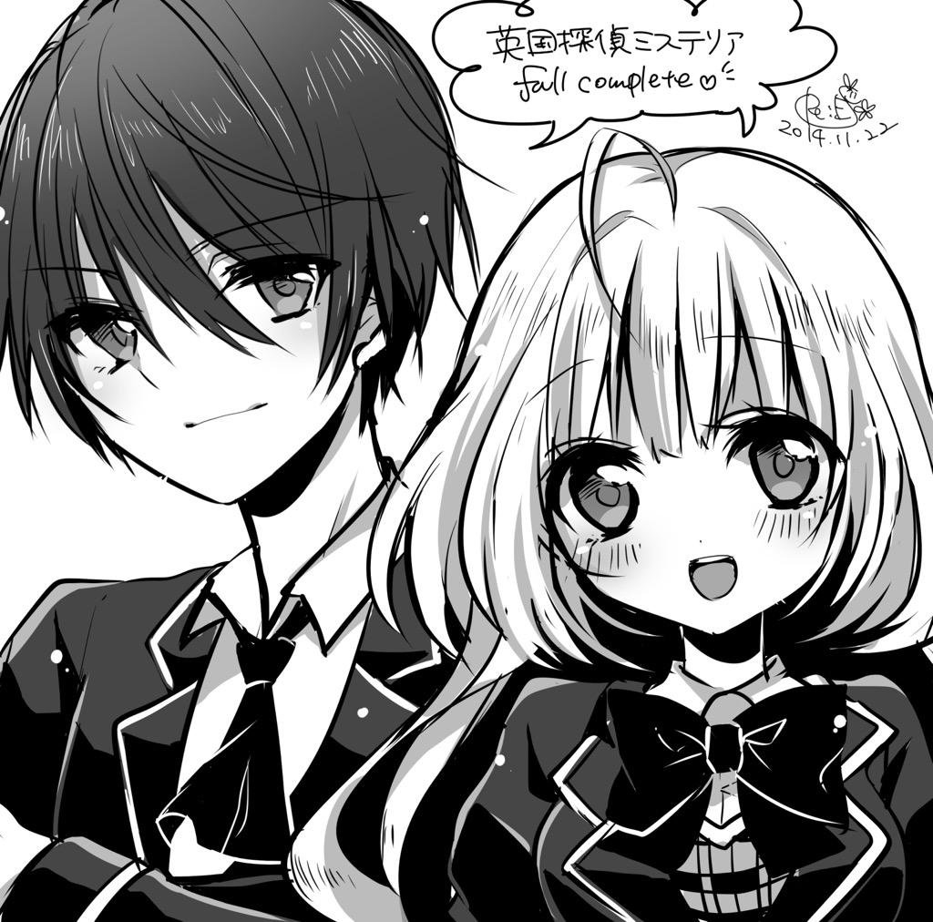 black_hair, blonde_hair, blue_eyes, eikoku_tantei_mysteria, emily_(eikoku_tantei_mysteria), erlock_holmes, green_eyes, shiroe_rie