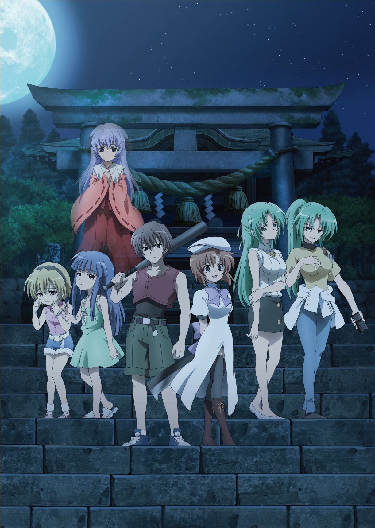 1boy, 6+girls, baseball_bat, black_legwear, black_skirt, blonde_hair, blue_hair, blue_shorts, collarbone, dress, furude_rika, green_eyes, green_hair, green_skirt, hair_ribbon, hairband, hanyuu, highres, higurashi_no_naku_koro_ni, holding, horns, houjou_satoko, long_hair, looking_at_viewer, maebara_keiichi, moon, multiple_girls, night, open_mouth, outdoors, purple_hair, ribbon, ryuuguu_rena, short_hair, shorts, skirt, sonozaki_mion, sonozaki_shion, stairs, sundress, taser, thigh-highs, torii, yellow_ribbon