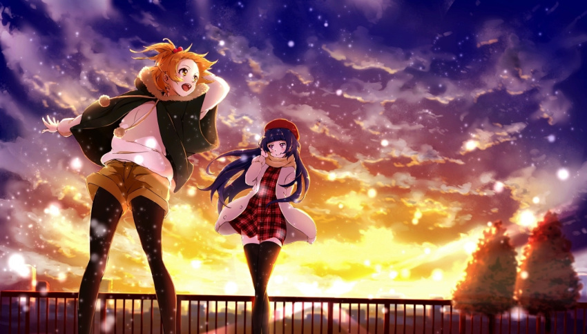 2girls, black_hair, black_legwear, brown_shorts, conone, hat, long_hair, multiple_girls