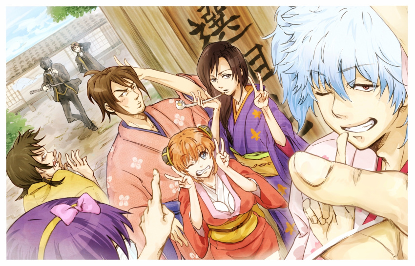 1girl, 6+boys, black_hair, blue_eyes, brown_eyes, brown_hair, collarbone, conone