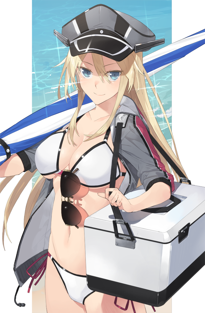 1girl, adapted_costume, beach, bikini, bismarck_(kantai_collection), blonde_hair, blue_eyes, box