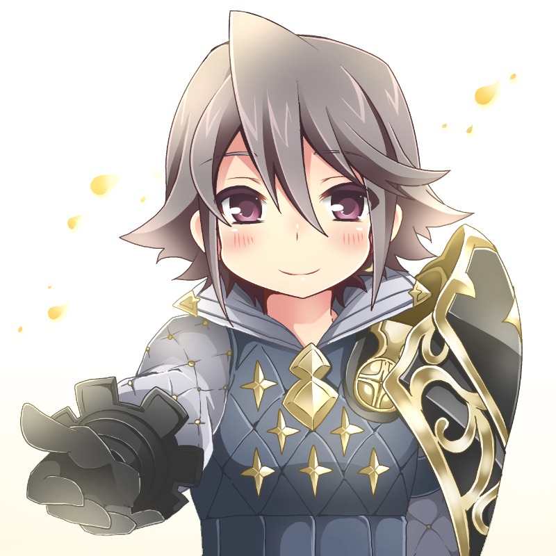 1boy, blush, fire_emblem, fire_emblem_if, gloves, grey_hair, lazward_(fire_emblem_if), momosemocha, petals, simple_background, solo, upper_body, violet_eyes, white_background