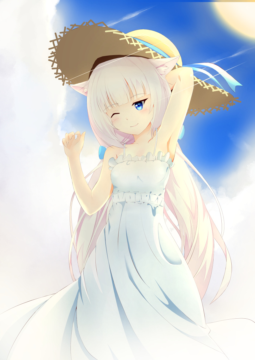 1girl, ;), absurdres, animal_ears, arm_behind_head, armpits, bangs, bare_shoulders