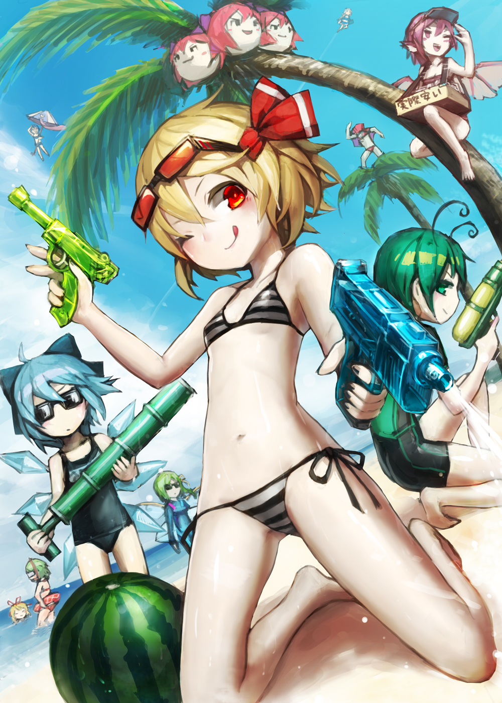 6+girls, alolan_exeggutor, antennae, barefoot, beach, bikini, bird_wings, blonde_hair