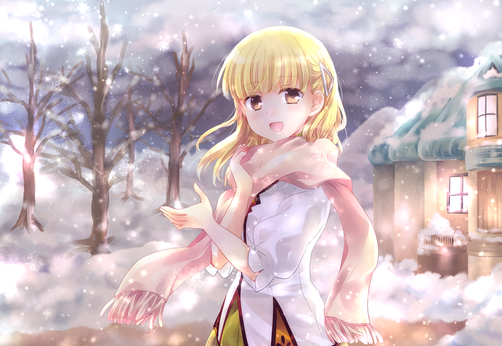 1girl, :d, bangs, bare_tree, blonde_hair, blunt_bangs, blush, brown_eyes