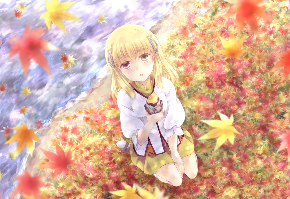 1girl, :o, autumn, autumn_leaves, bangs, between_legs, blonde_hair, blunt_bangs