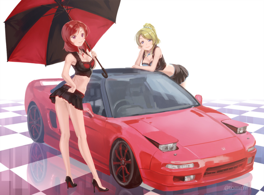 2girls, ayase_eli, blonde_hair, blue_eyes, breasts, car, checkered, checkered_floor