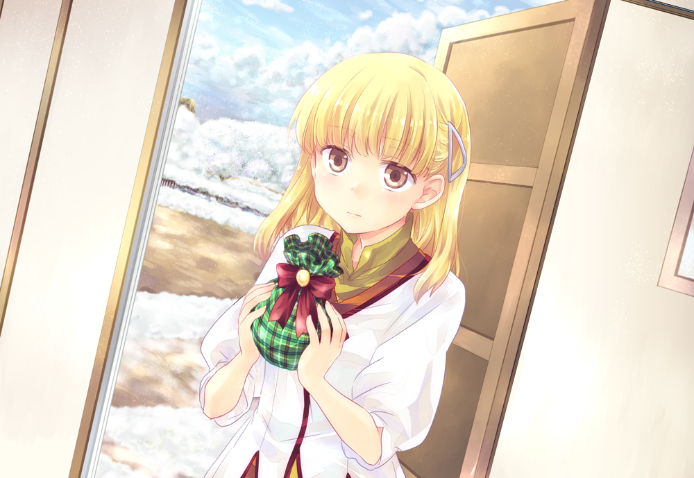 1girl, :|, bag, bangs, blonde_hair, blunt_bangs, blush, bow