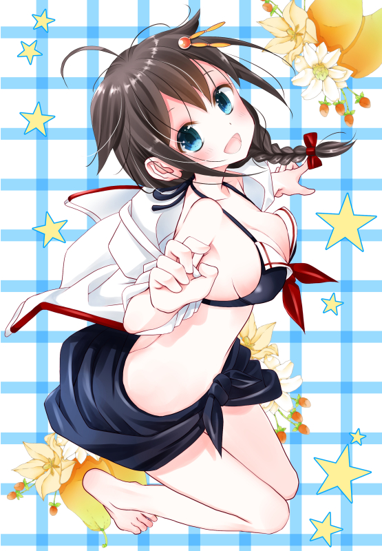 1girl, adapted_costume, barefoot, bikini, black_hair, blue_eyes, braid, breasts, flower, hair_flaps, hair_ornament, hair_over_shoulder, ishida_mia, kantai_collection, remodel_(kantai_collection), shigure_(kantai_collection), solo, star, swimsuit