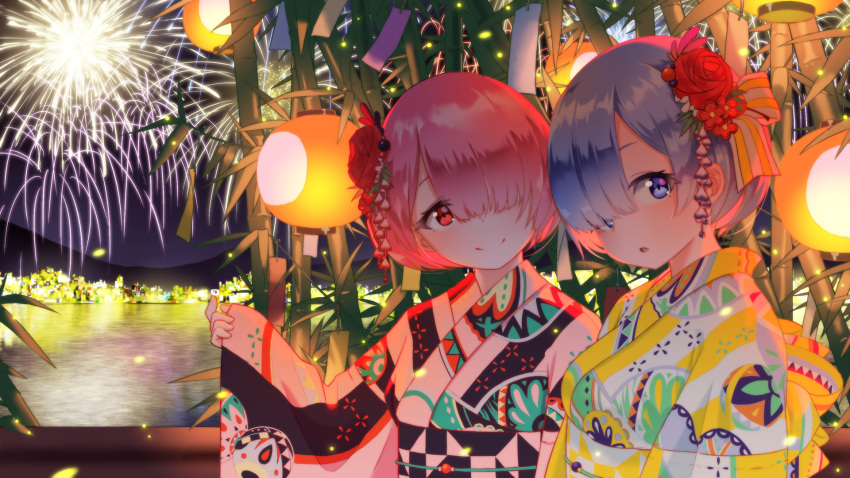 2girls, bamboo, bangs, blue_eyes, blue_hair, bob_cut, city, cityscape