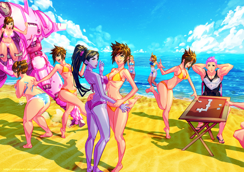2016, 6+girls, abs, absurdres, adapted_costume, angry, arm_cannon, arms_behind_head