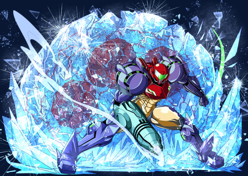 1girl, alien, arm_cannon, armor, clenched_hand, female, frozen, full_armor, gravity_suit, ice, metroid, metroid_(creature), nomayo, power_armor, power_suit, samus_aran, shattering, shoulder_pads, steam, weapon