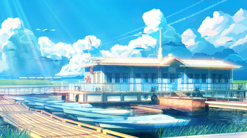 arsenixc, boat, bridge, building, cloud, clouds, collaboration, condensation_trail, contrail, erogame_project, flag, floating, grass, innertube, lake, no_humans, original, pier, reeds, rowboat, scenery, sky, sunbeam, sunlight, train, vvcephei, water