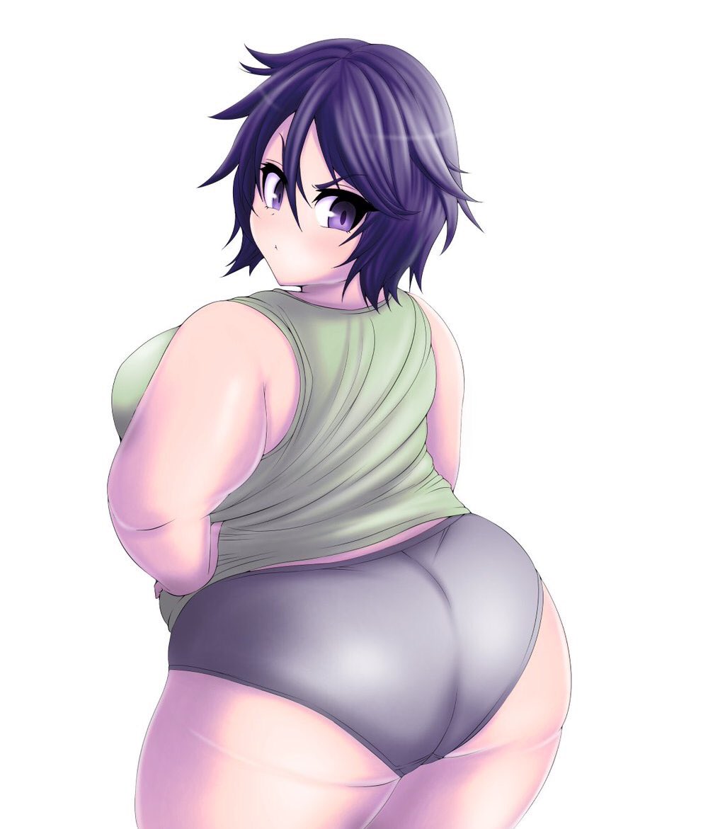 >:(, 1girl, ass, back, bare_arms, black_panties, breasts, camisole, fat, from_behind, frown, hand_on_hip, kukuru, large_breasts, looking_at_viewer, original, panties, pout, purple_hair, short_hair, sleeveless, solo, thighs, underwear, violet_eyes