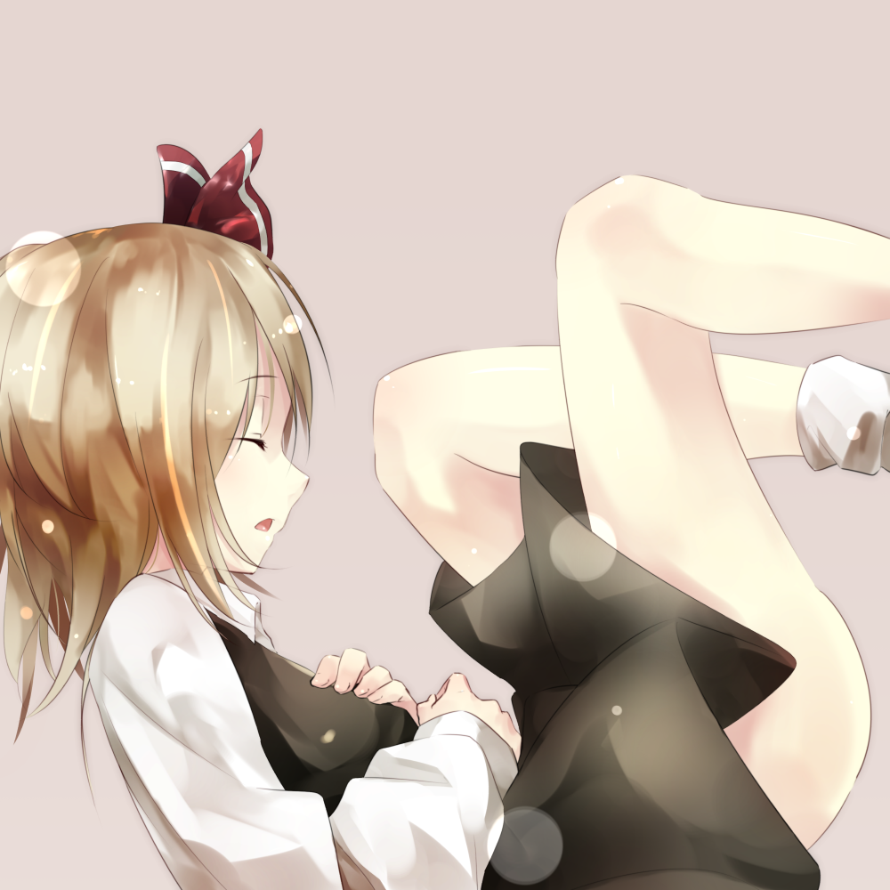 1girl, blonde_hair, closed_eyes, collared_shirt, commentary, date_pun, dress, gorilla_(bun0615), hair_ribbon, legs, number_pun, ribbon, rumia, self_hug, shirt, sleeping, socks, solo, touhou