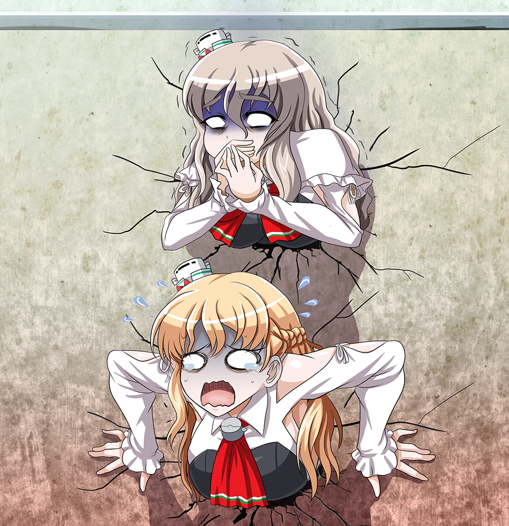 2girls, ascot, braid, capelet, commentary_request, cracked_wall, crying, curly_hair