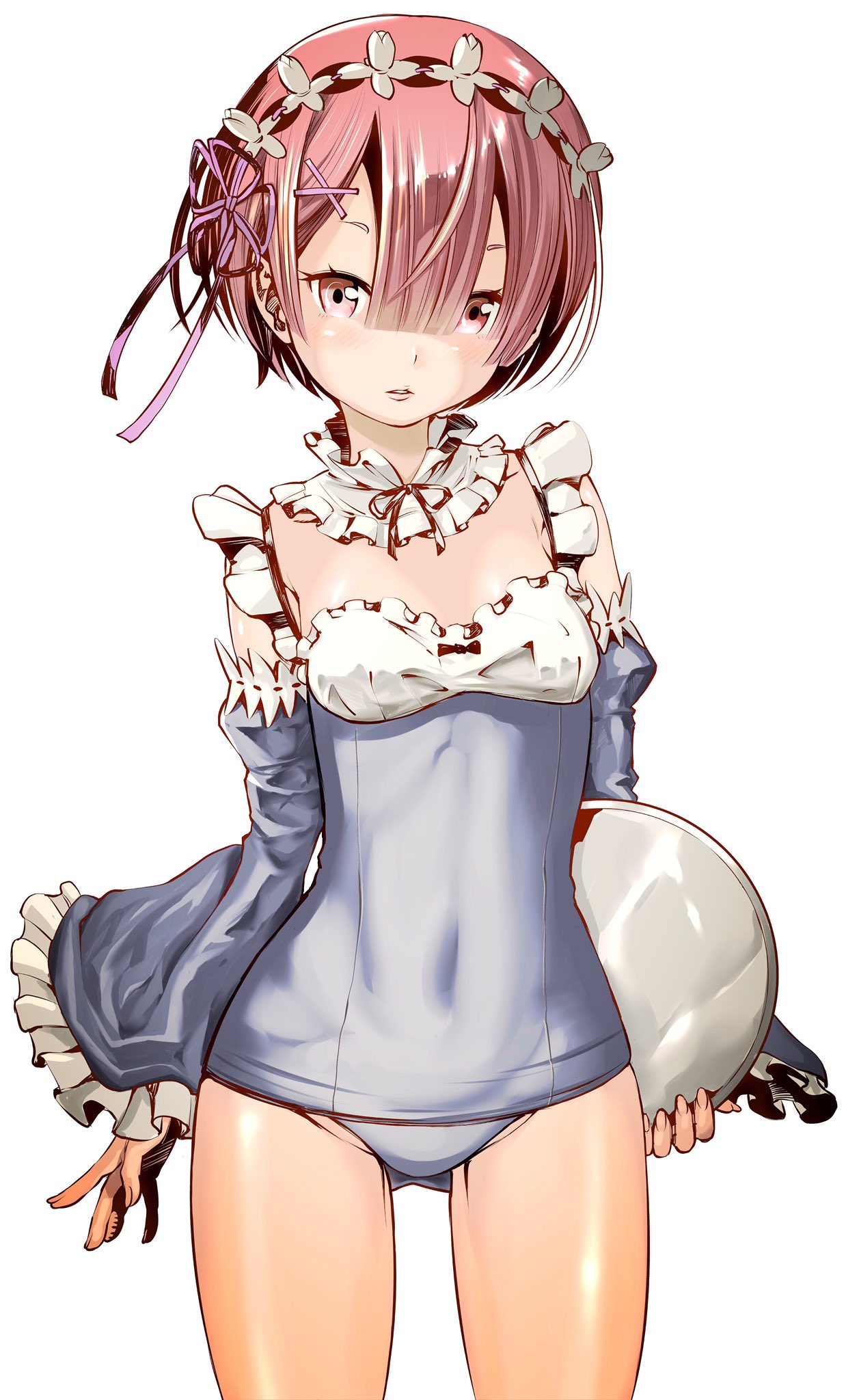 1girl, cowboy_shot, detached_collar, detached_sleeves, frilled_sleeves, frills, hair_between_eyes, hair_ornament