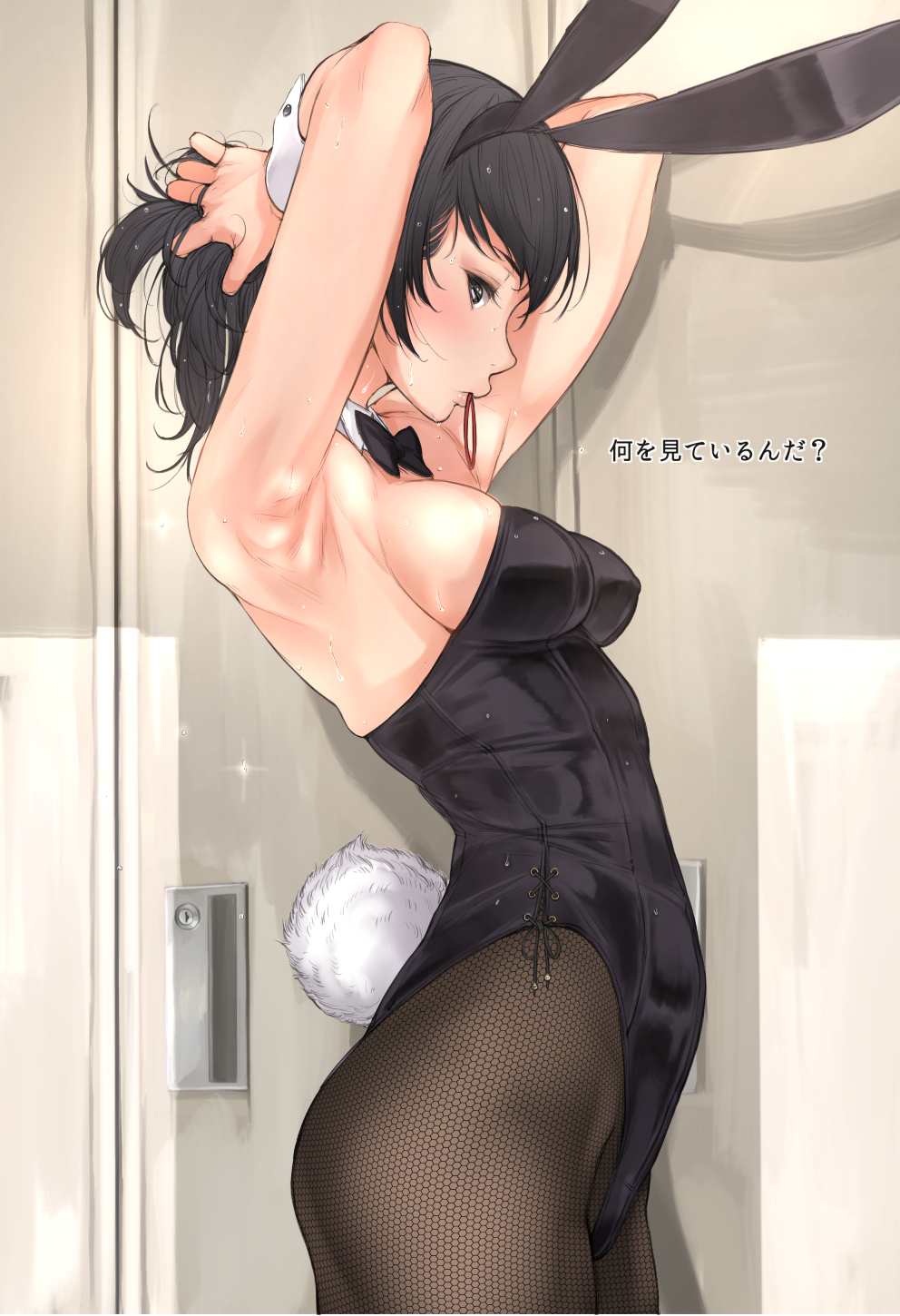 1girl, adjusting_hair, animal_ears, armpits, arms_behind_head, black_eyes, black_hair, black_legwear