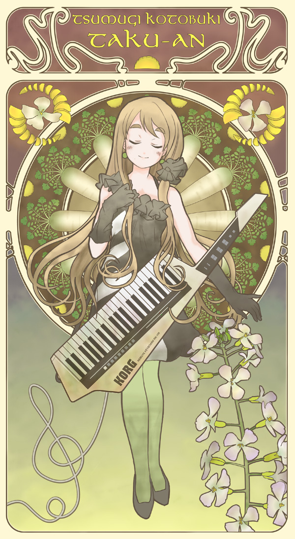 blonde_hair, closed_eyes, cord, don't_say_lazy, don't_say_"lazy", flower, gloves, instrument