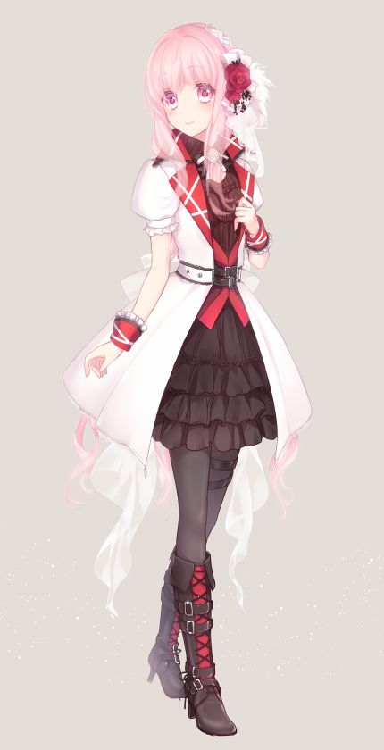 1girl, black_legwear, blush, boots, dress, flower, hair_flower, high_heels