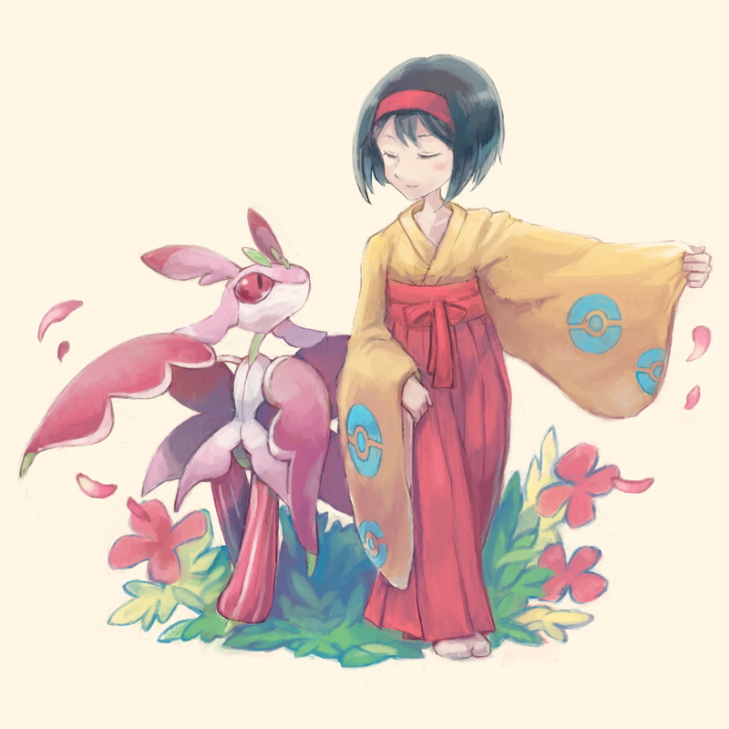 1girl, bad_proportions, black_hair, closed_eyes, erika_(pokemon), flower, hairband, hakama