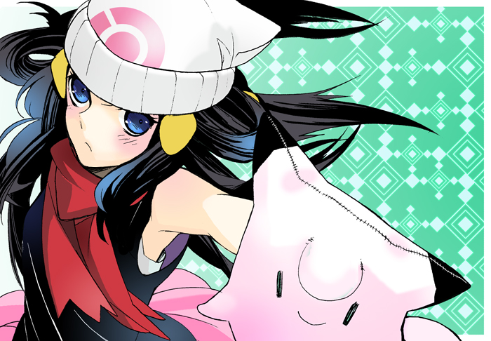 1girl, :>, :<, bad_id, beanie, black_hair, blue_eyes, blush