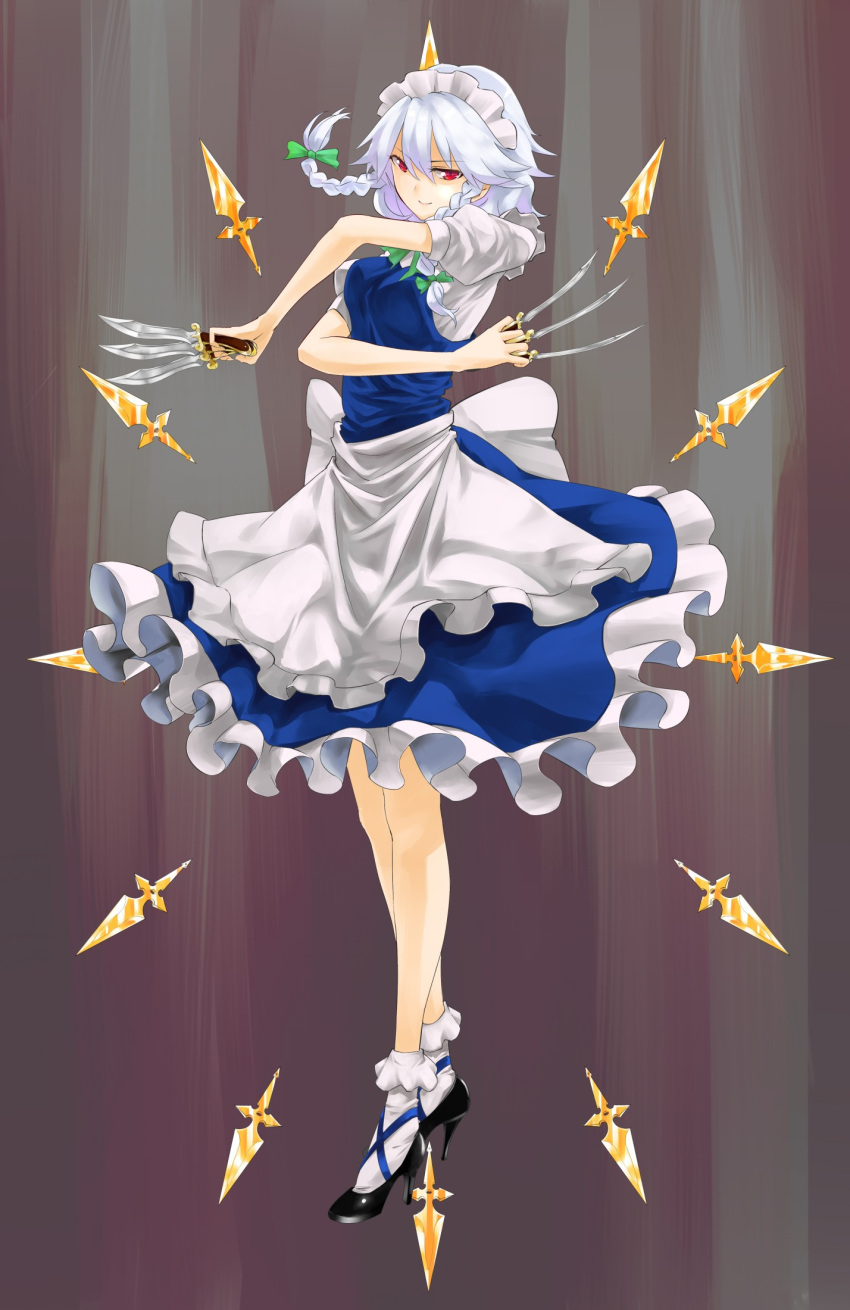 >:), 1girl, apron, black_shoes, blue_dress, bobby_socks, bow, braid