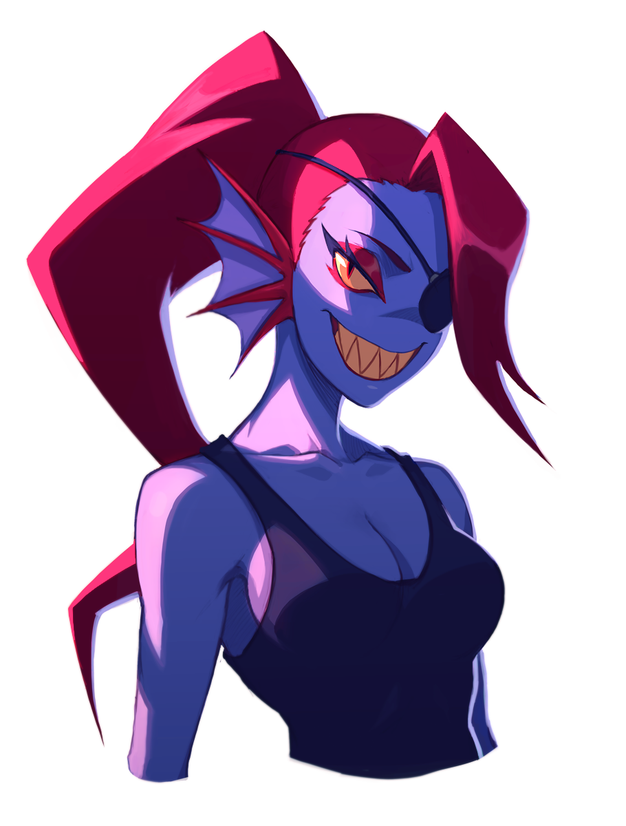 1girl, bare_shoulders, blue_skin, breasts, cleavage, collarbone, eyeliner, eyepatch
