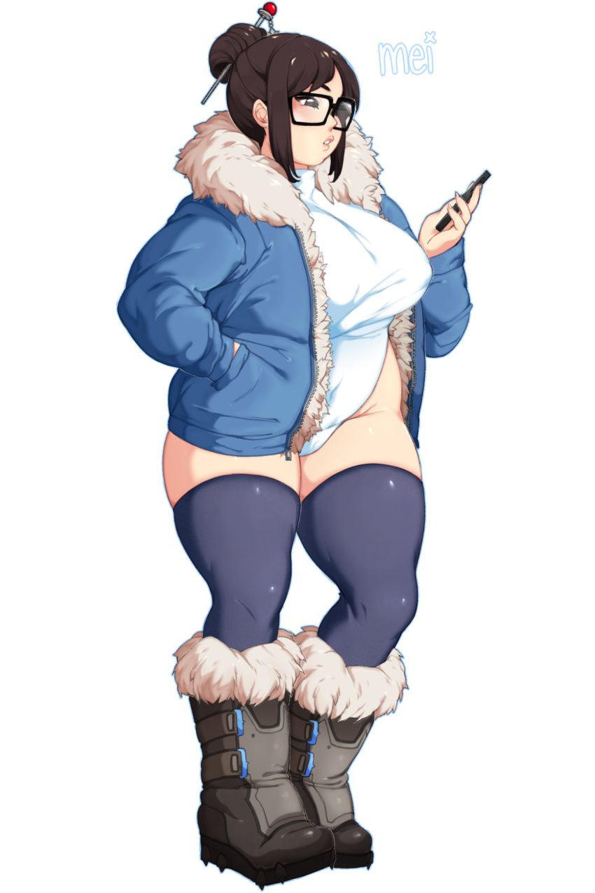 1girl, brown_hair, cellphone, fur_coat, glasses, hair_bun, hair_ornament, hairpin, highres, koitonic, leotard, mei_(overwatch), overwatch, phone, plump, smartphone, snow_boots, solo, thigh-highs