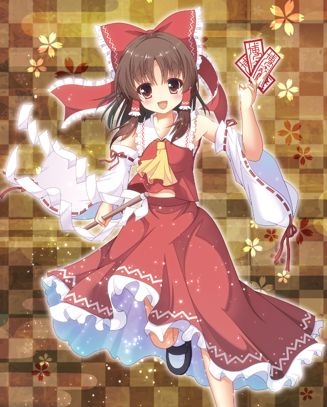 15_(tooka), 1girl, :d, bare_shoulders, bow, brown_eyes, brown_hair, checkered