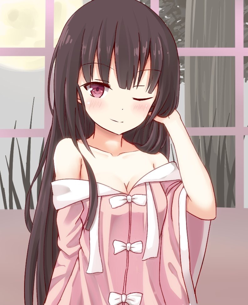 1girl, black_hair, breasts, dress, full_moon, gudou_(gdo_514), hair_flip, hime_cut, houraisan_kaguya, indoors, long_hair, looking_at_viewer, medium_breasts, moon, off-shoulder_dress, off_shoulder, one_eye_closed, pink_dress, red_eyes, smile, touhou, very_long_hair, wide_sleeves, window