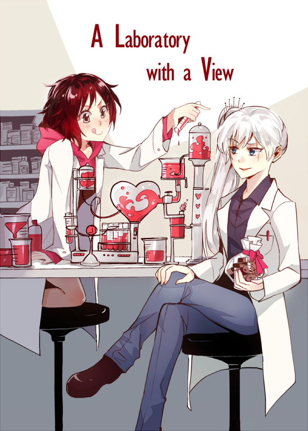 2girls, :d, beaker, blue_eyes, brown_hair, crossed_legs, english, grey_eyes