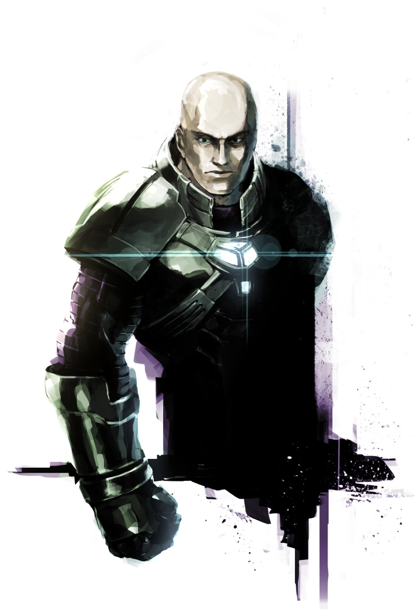 1boy, armor, bald, dc_comics, gloves, green_eyes, highres, lex_luthor, naratani, simple_background, solo, superman_(series), upper_body, white_background