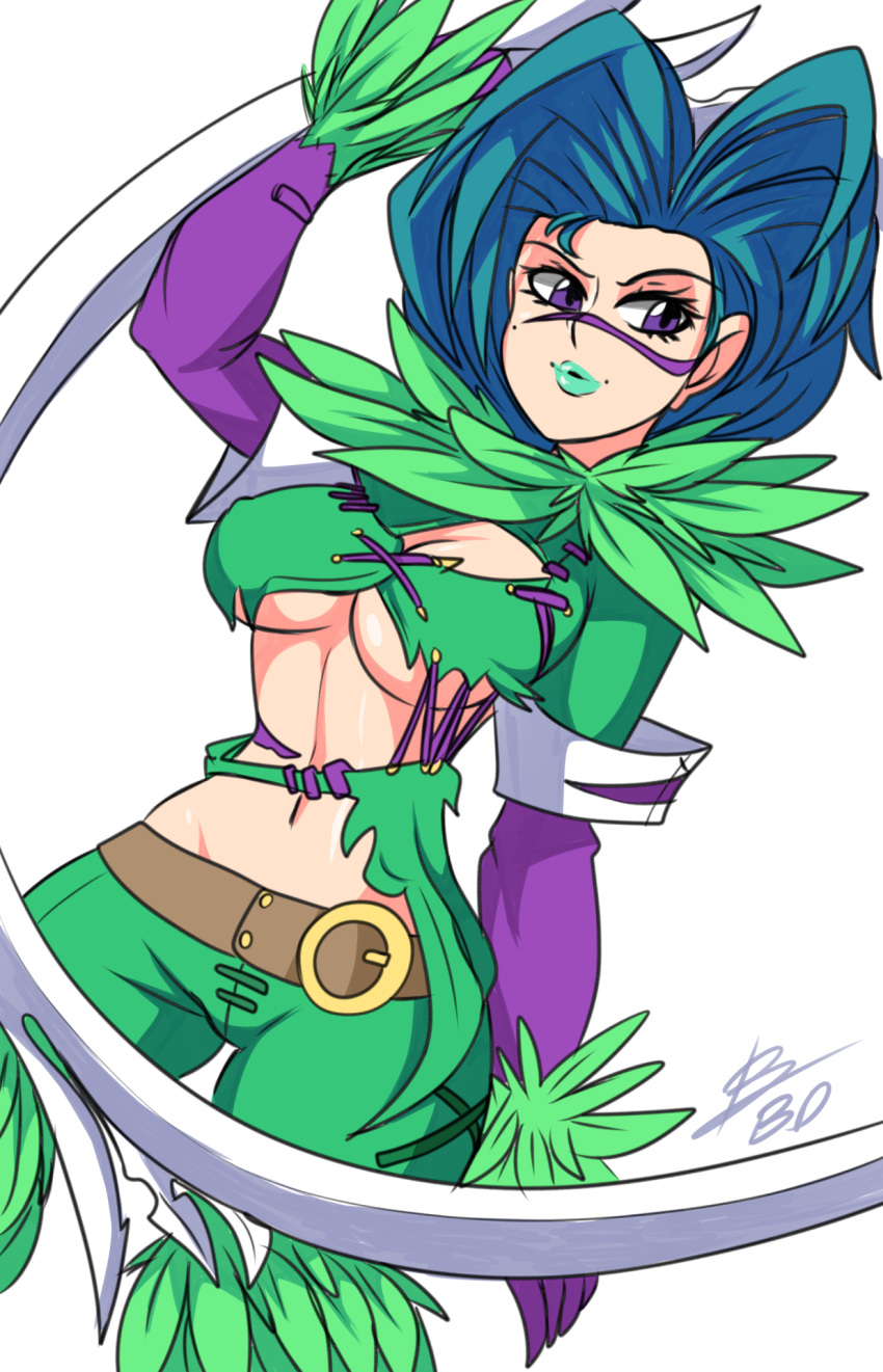 1girl, big_hair, bigdead93, blue_hair, breasts, chakram, facial_tattoo, green_lipstick
