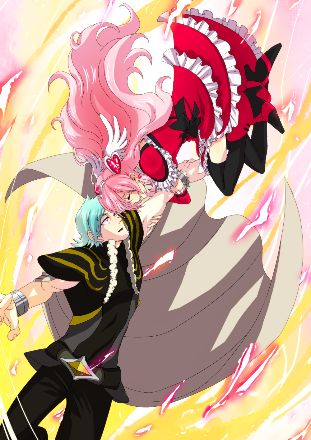 1boy, 1girl, 3737-3737, angel_wings, black_legwear, bow, cape, closed_eyes