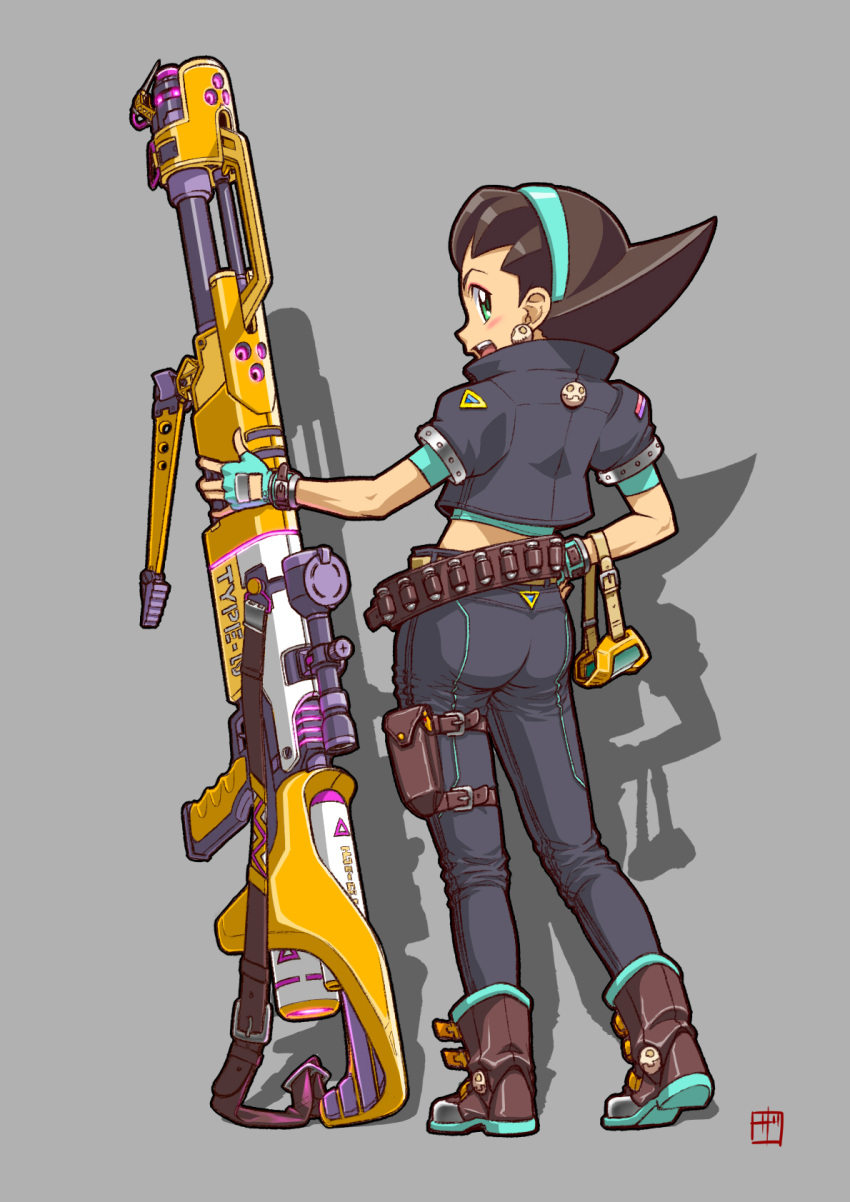 1girl, alternate_costume, ass, brown_hair, earrings, full_body, green_eyes, gun