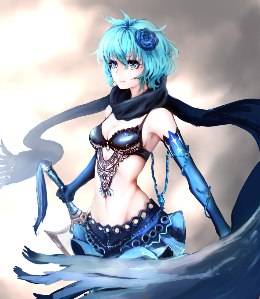 1girl, armpits, bare_shoulders, bikini_top, black_scarf, blue_eyes, blue_gloves, blue_hair, breasts, cleavage, drag-on_dragoon, drag-on_dragoon_3, elbow_gloves, flower, gloves, groin, hair_flower, hair_ornament, highres, holding, holding_weapon, homo_1121, huge_weapon, light_smile, looking_away, navel, scarf, short_hair, small_breasts, solo, sword, two_(drag-on_dragoon), weapon