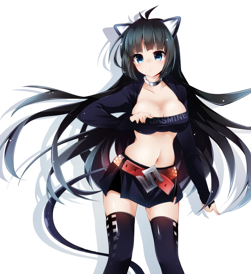 1girl, absurdres, animal_ears, arm_at_side, bangs, belt, black_hair, black_jacket, black_legwear, black_skirt, blue_eyes, blue_hair, blunt_bangs, blush, breasts, cat_ears, cleavage, clothes_writing, collar, collarbone, expressionless, gradient_hair, highres, jacket, long_hair, looking_at_viewer, medium_breasts, midriff, multicolored_hair, navel, open_clothes, open_jacket, original, personification, skirt, sleeves_past_wrists, standing, stomach, strapless, suzuki_(company), thigh-highs, tubetop, uzura_kazuhisa, very_long_hair, zettai_ryouiki