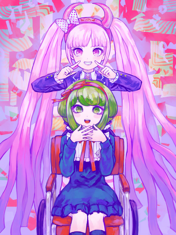 2girls, bow, dangan_ronpa, fake_horns, green_eyes, green_hair, grin, hair_bow, hairband, long_hair, monaka_(dangan_ronpa), multiple_girls, pink_eyes, pink_hair, sawawa, short_hair, skirt, smile, twintails, utsugi_kotoko, very_long_hair, wheelchair, zettai_zetsubou_shoujo