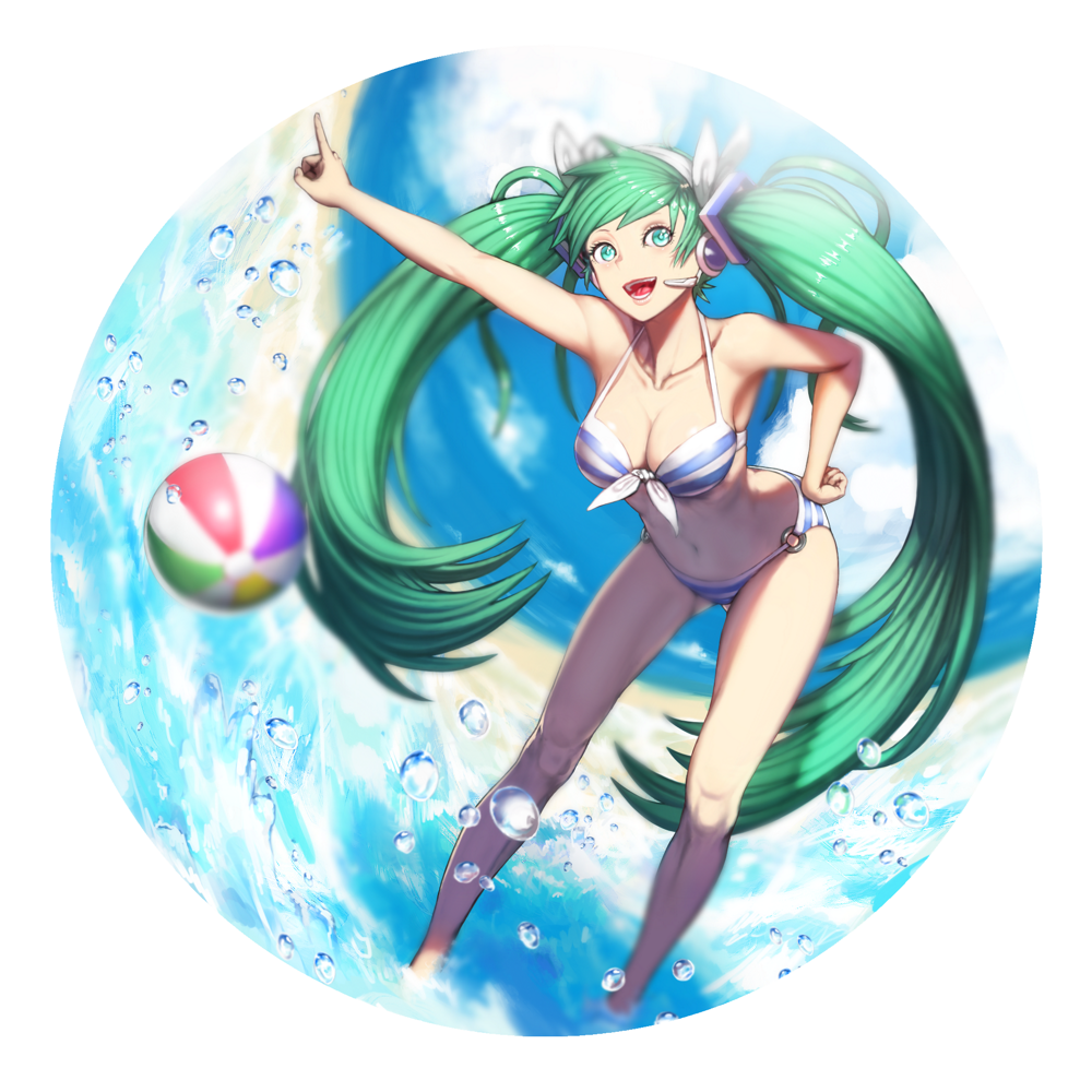 1girl, :d, ball, banajune, bare_shoulders, beachball, bikini, breasts