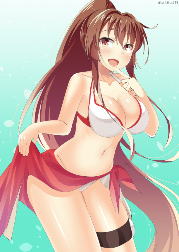1girl, bikini, brown_eyes, brown_hair, finger_to_mouth, kankitsunabe_(citrus), kantai_collection, leaning_forward, long_hair, ponytail, sarong, standing, swimsuit, yamato_(kantai_collection)