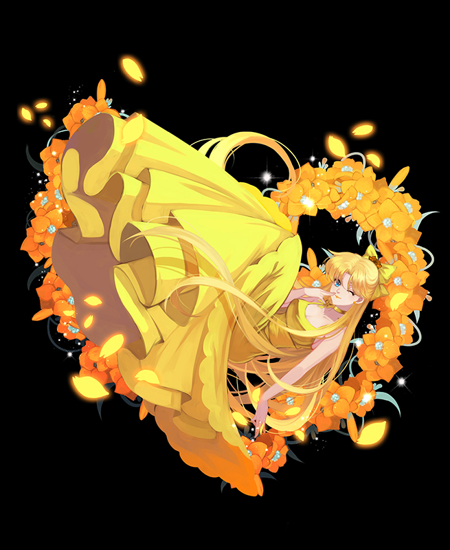 1girl, aino_minako, bishoujo_senshi_sailor_moon, blonde_hair, blue_eyes, breasts, cleavage, douyougen, dress, earrings, flower, jewelry, lipstick, long_hair, looking_at_viewer, makeup, one_eye_closed, petals, princess_venus, sleeveless, sleeveless_dress, solo