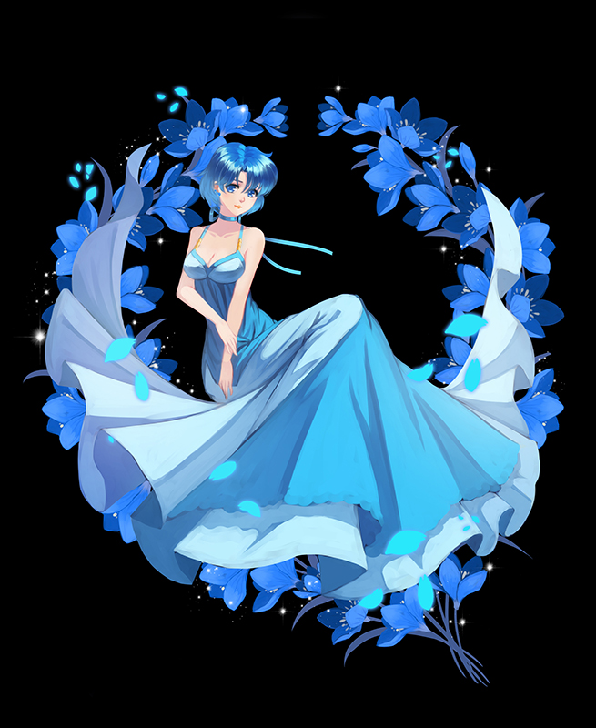 1girl, bishoujo_senshi_sailor_moon, black_background, blue_eyes, blue_hair, breasts, cleavage, douyougen